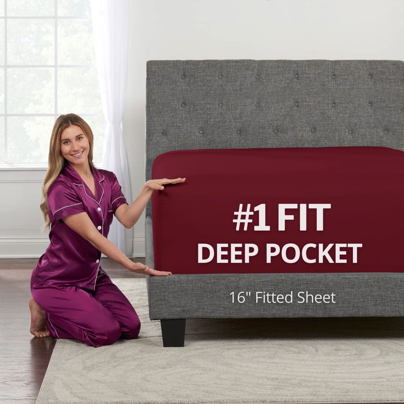 DeaLuxe Fitted Sheets Queen Size - Queen Fitted Sheet Only Deep Pocket Queen Fitted Sheet - Real 16  Fitted Bed Sheets Fit Perfectly 14 -18  Deep Mattress & Toppers - 1 Piece Bottom Fitted Sheet - Burgundy - Image 1