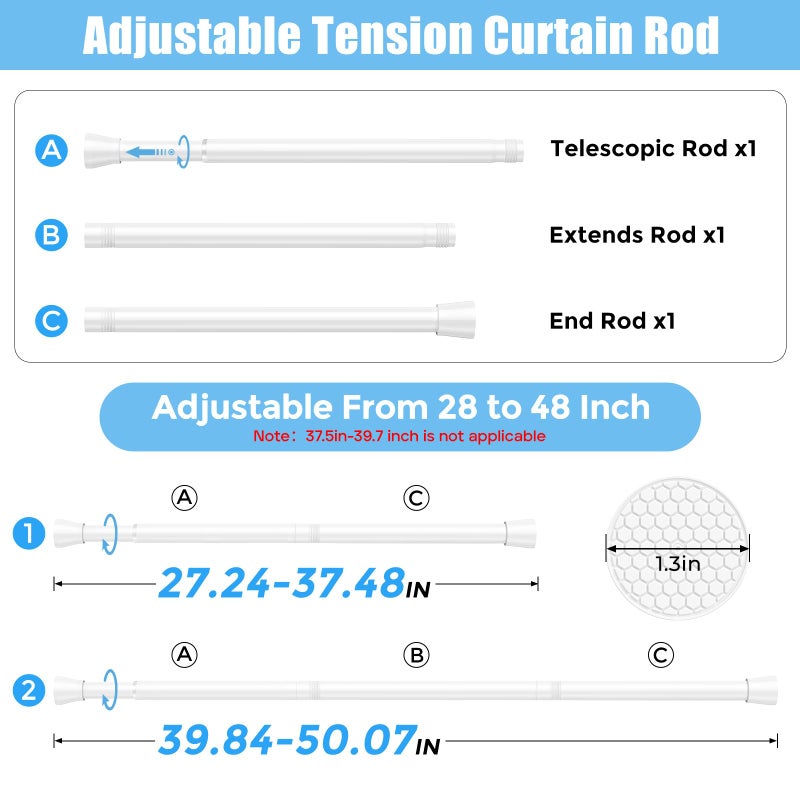 AIZESI Tension Curtain Rod Adjustable Spring Tension Rods for Windows 28 to 48 Inch, No Drilling, 7/8" Diameter, White Curtain Rod, Small Shower Curtain Rod for Bathroom, Doorway, Closet, Kitchen - Image 2