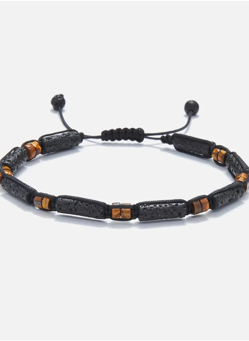 CHRYSOSTOMOS Handmade Adjustable Beaded Bracelet for Men with Knitted Design, Black Lava & Brown Tiger's Eye Stones