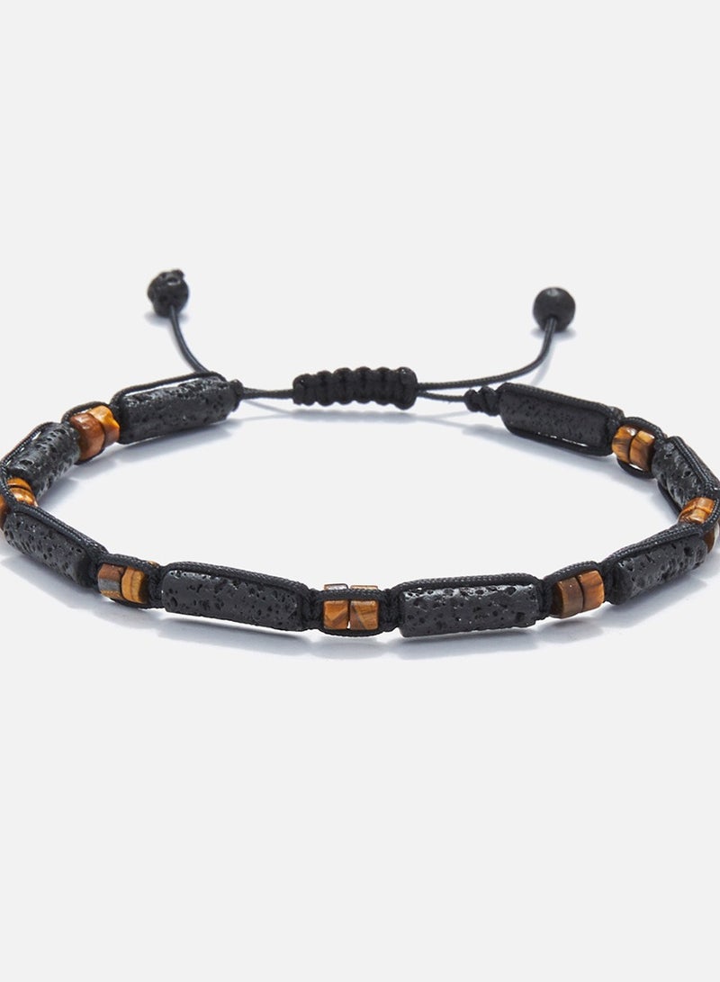 CHRYSOSTOMOS Handmade Adjustable Beaded Bracelet for Men with Knitted Design, Black Lava and Brown Tiger's Eye Stones - Image 1