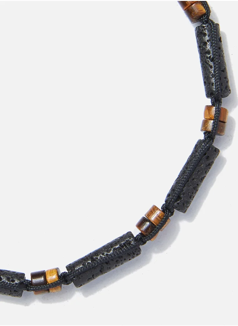 CHRYSOSTOMOS Handmade Adjustable Beaded Bracelet for Men with Knitted Design, Black Lava & Brown Tiger's Eye Stones