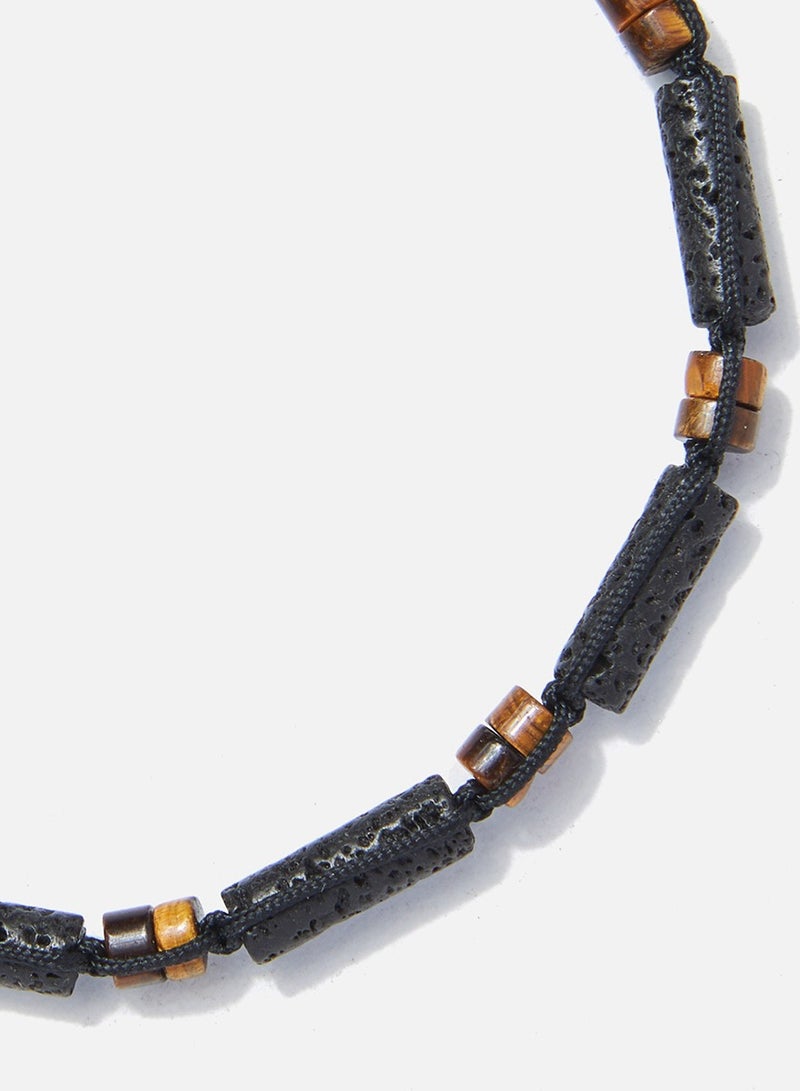 CHRYSOSTOMOS Handmade Adjustable Beaded Bracelet for Men with Knitted Design, Black Lava and Brown Tiger's Eye Stones - Image 2