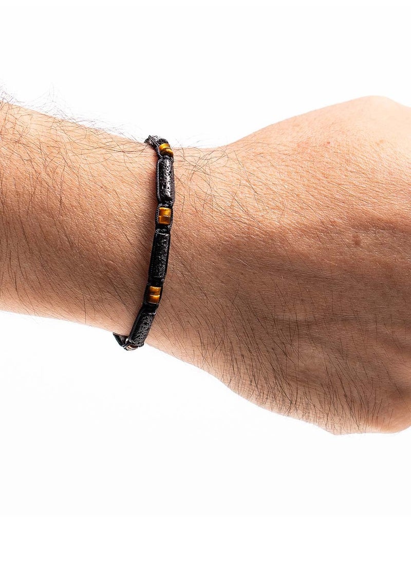 CHRYSOSTOMOS Handmade Adjustable Beaded Bracelet for Men with Knitted Design, Black Lava and Brown Tiger's Eye Stones - Image 3
