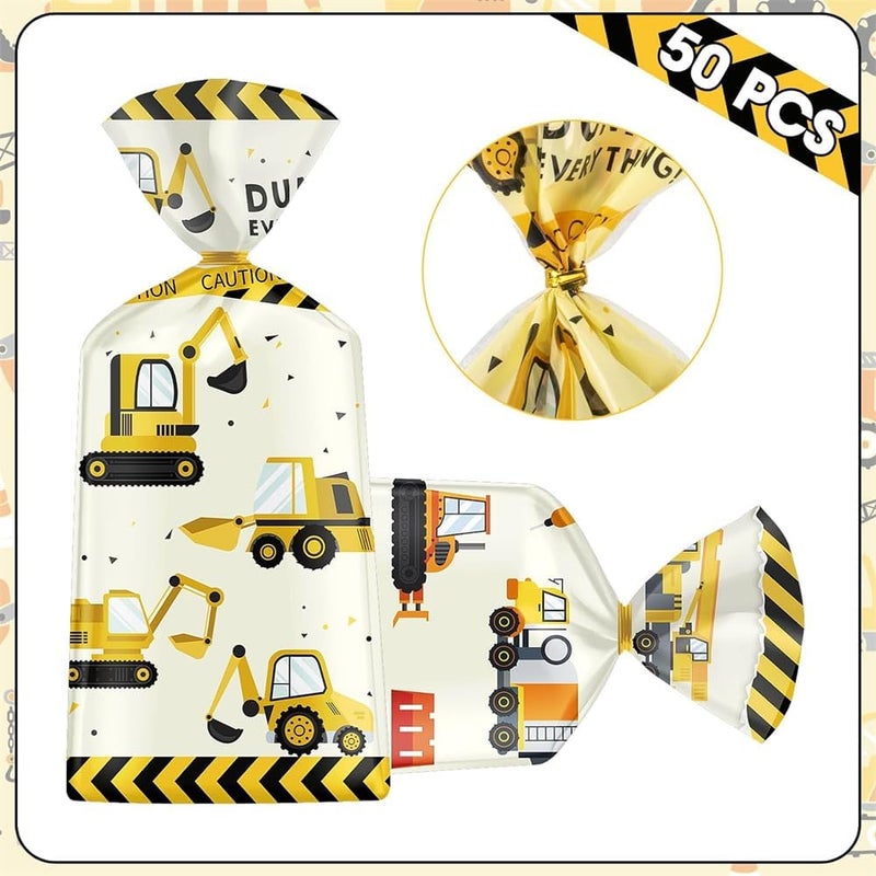 Party Favor Bags, Engineering Vehicles Themed Treat Bags with Gold Twist Ties, Cellophane Gift Candy Goodie Bags for Kids Birthday Party Supplies, 50PCS - Image 3