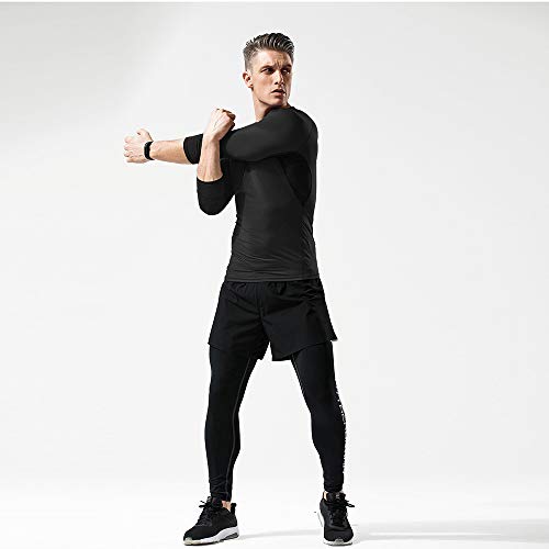 MEETYOO Men's Compression Long Sleeve Athletic Workout Shirt, Black+Black+Black, Small - Image 2