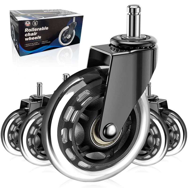 Huracan Office Chair Wheels Set of 5 Replacement Rubber Chair Caster Wheels for Hardwood Floor NOT Compatible for IKEA Computer Desk Chair Wheels Heavy Duty Office Chair Casters