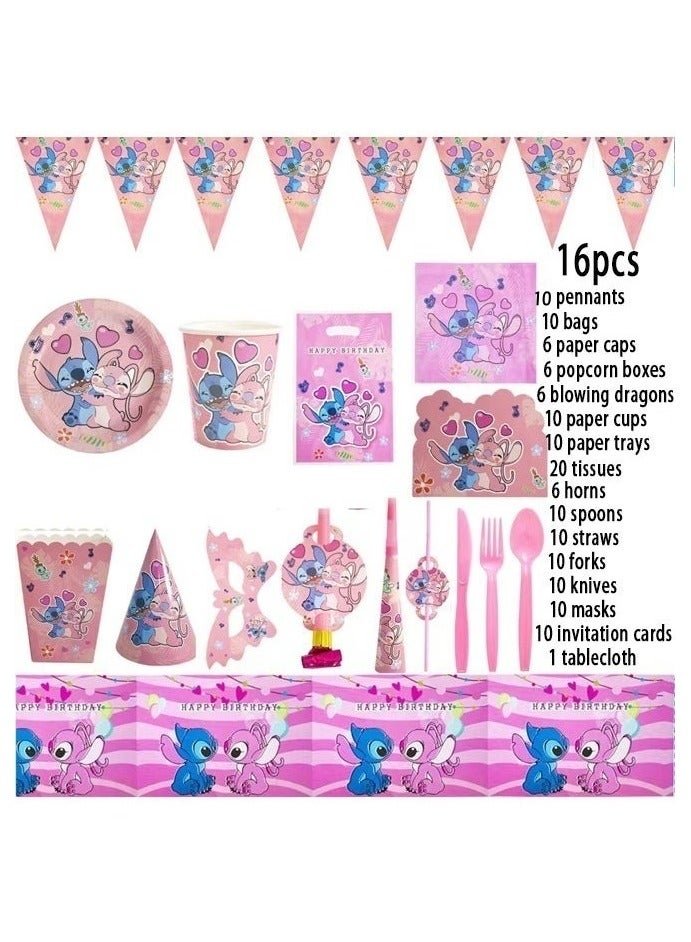 Soofam Stitch Theme Party Supplies for Kids,Stitch Party Props Favor Table Decorations, Banner Paper Plates Napkins Cups Tablecloth Tableware Sports Set for 10 Guests,Party Decorations - Image 2
