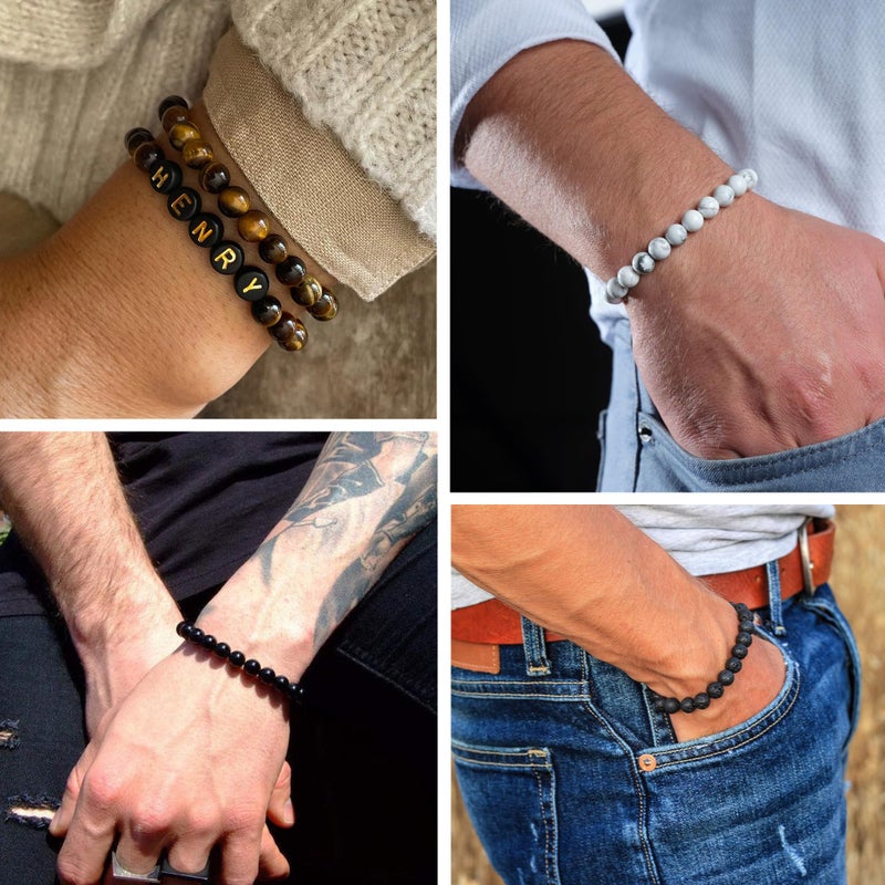 SAMOCO 12Pcs Tiger Eye Bracelet For Men 8MM Natural Stone Beads Bracelet Set Stretch Lava Rock Bracelets Adjustable Black Crystal Beaded Bracelet for Men Women Gifts - Image 2