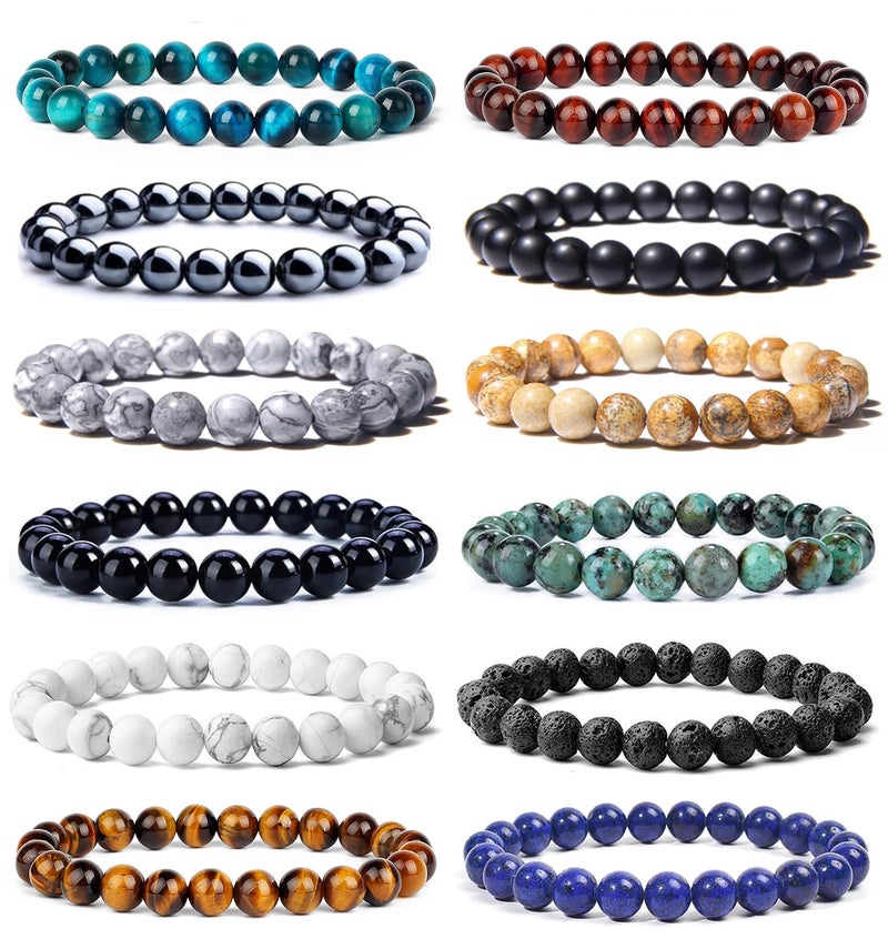 SAMOCO 12Pcs Tiger Eye Bracelet For Men 8MM Natural Stone Beads Bracelet Set Stretch Lava Rock Bracelets Adjustable Black Crystal Beaded Bracelet for Men Women Gifts - Image 1