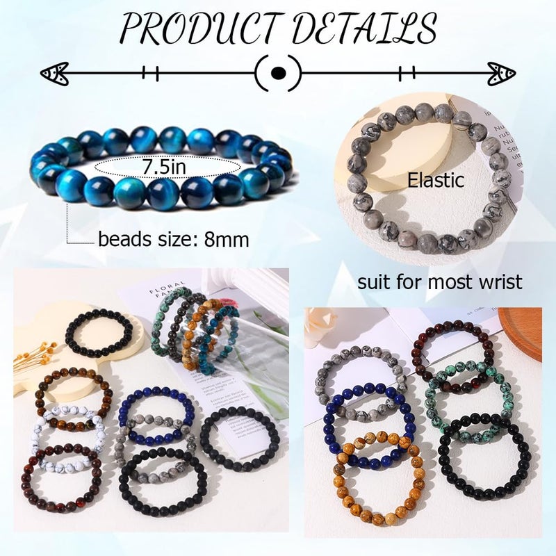 SAMOCO 12Pcs Tiger Eye Bracelet For Men 8MM Natural Stone Beads Bracelet Set Stretch Lava Rock Bracelets Adjustable Black Crystal Beaded Bracelet for Men Women Gifts - Image 3