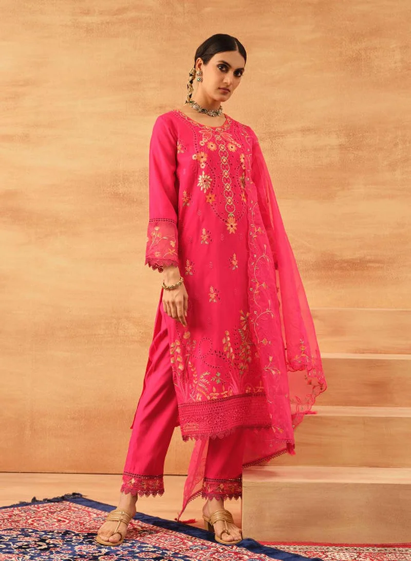 Ishin Pink Women's Pink Roman Silk Embroidered Tunic Upper With Full Palazzo Regular Fit 3 Piece Kurta Set for Women | Best Price UAE