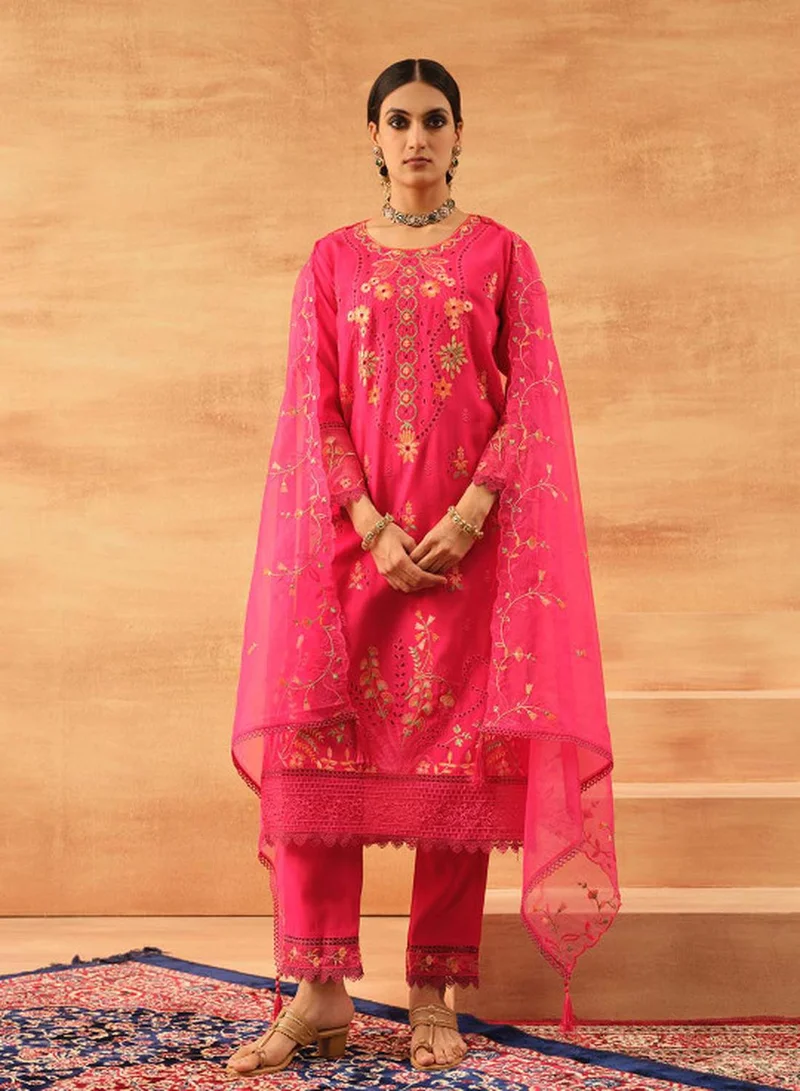 Ishin Pink Women's Pink Roman Silk Embroidered Tunic Upper With Full Palazzo Regular Fit 3 Piece Kurta Set for Women | Best Price UAE