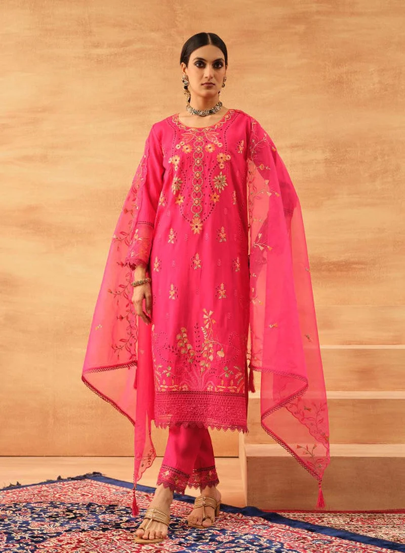 Ishin Pink Women's Pink Roman Silk Embroidered Tunic Upper With Full Palazzo Regular Fit 3 Piece Kurta Set for Women | Best Price UAE