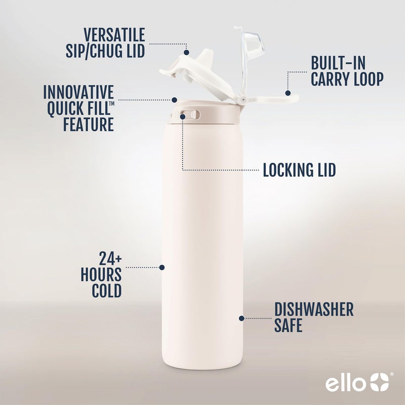 Ello Pop & Fill 40oz Stainless Steel Water Bottle with Quick Fill Technology, Double Walled and Vacuum Insulated Metal, Leak Proof Locking Lid, Sip and Chug, Reusable, BPA Free, Tonal Cream - Image 3