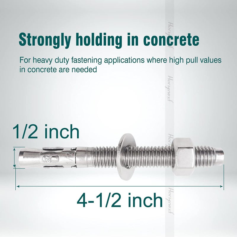 Horiznext 1/2" x 4-1/2" inch Stainless Steel Standard Strong Wedge Anchor, Fasteners for Concrete (4 pcs) - Image 2