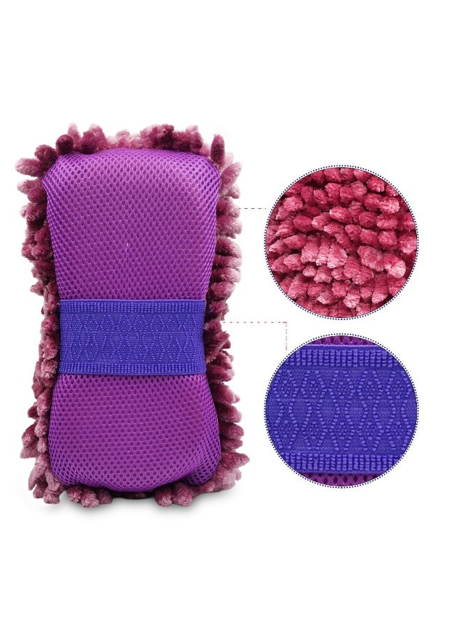 Agc Microfiber Chenille Car Wash Sponge Mitt Pad Purple for Vehicle Cleaning Scratch Free High Absorbent Foam Soap Water Holding Reusable Washable Detailing Tool for Car Bike SUV Truck Exterior Interior Glass Paint Wheels Dashboard Home Office Use - Image 2