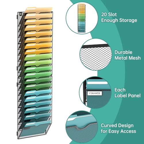 SUPEASY 20-Tier Wall File Organizer Mesh Office Mail Holder, Hanging Wall Organizer Magazine Rack for Office Assembly Needed, Black - Image 3