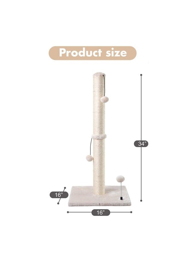 MECOOL 34” Tall Cat Scratching Post Premium Basics Kitten Scratcher Sisal Scratch Posts Trees with Hanging Ball for Indoor Cats (34 inches for Adult Cats, Beige) - Image 4