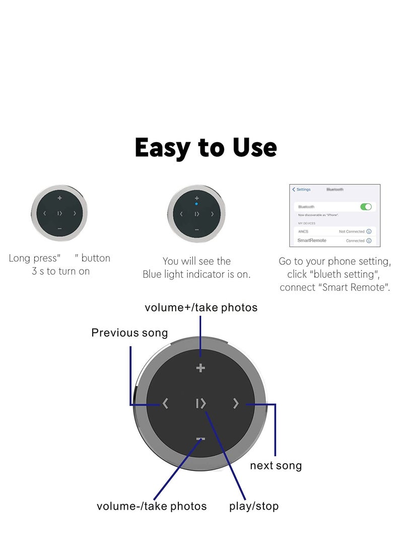 SYOSI Bluetooth Remote Control, Waterproof Media Button, Remote Selfie Control Car Motorcycle Steering Wheel Music, for iPhone or Android with Mount, Black - Image 5