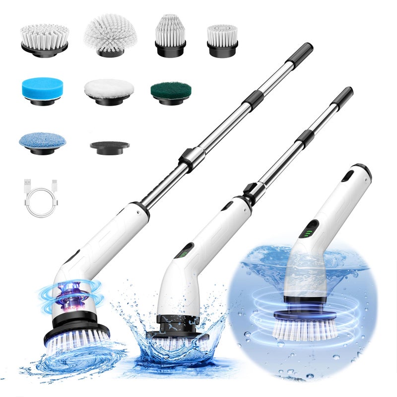 Electric Spin Scrubber FullBody IPX7 Waterproof Cordless Shower Scrubber with 8 Replaceable Heads Upgraded Extension Handle 2H Work Time 2 Speeds for Bathroom Shower Tile Glass