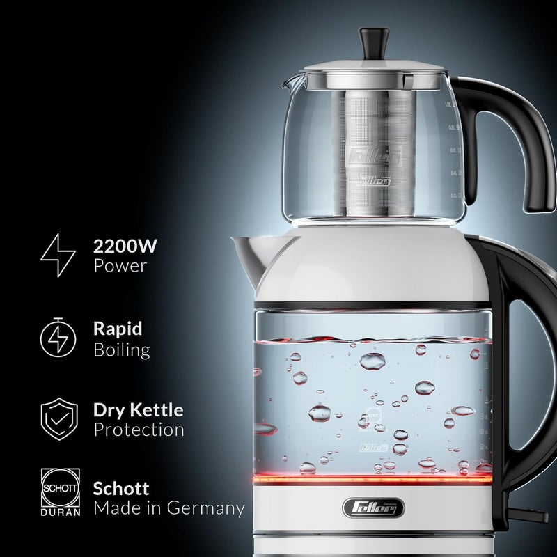 Feller Germany TS289 2-in-1 Tea Maker, 2L German Schott Glass Kettle + 1L Teapot, 2200W Strix Control, Keep Warm, BPA Free, Stainless Steel Filter (White) - 2Y Guarantee-KSA Version - Image 2
