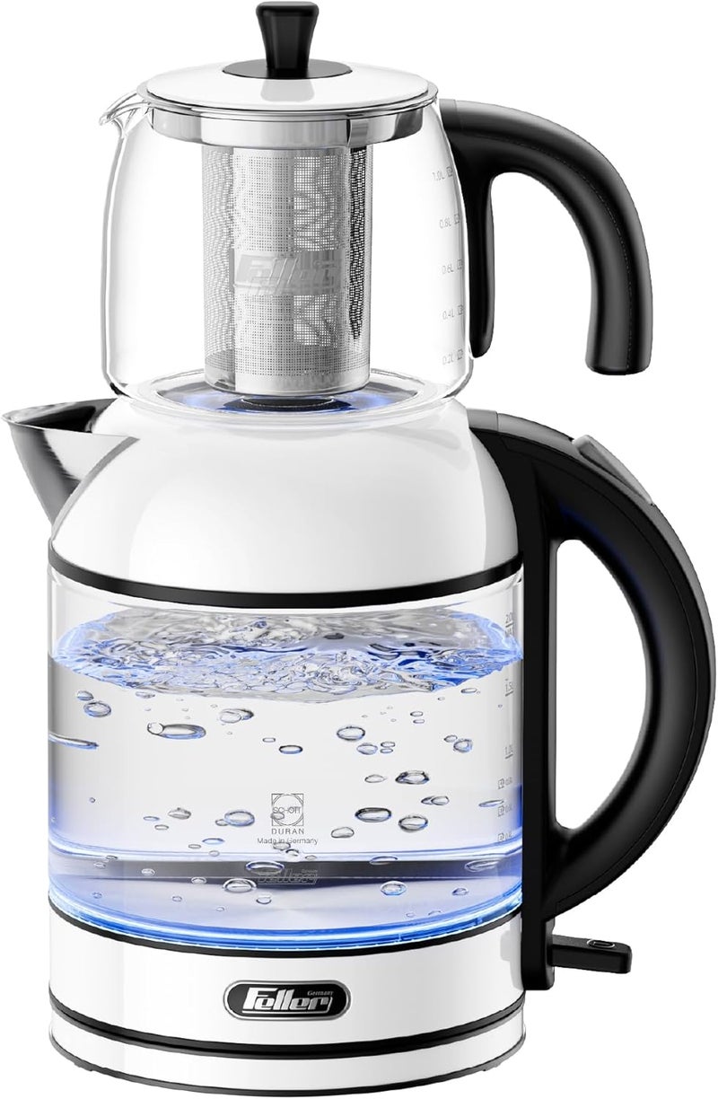 Feller Germany TS289 2-in-1 Tea Maker, 2L German Schott Glass Kettle + 1L Teapot, 2200W Strix Control, Keep Warm, BPA Free, Stainless Steel Filter (White) - 2Y Guarantee-KSA Version - Image 1