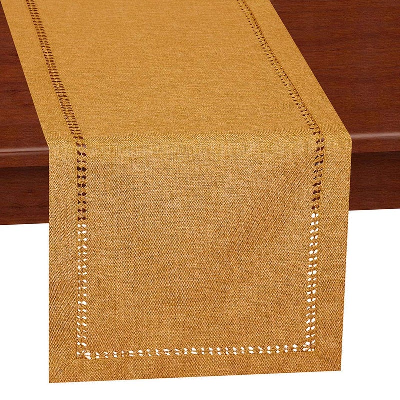 Grelucgo Handcrafted Solid Color Dining Table Runner Dresser Scarf DoubleHemstitched Mustard Gold 14 x 72