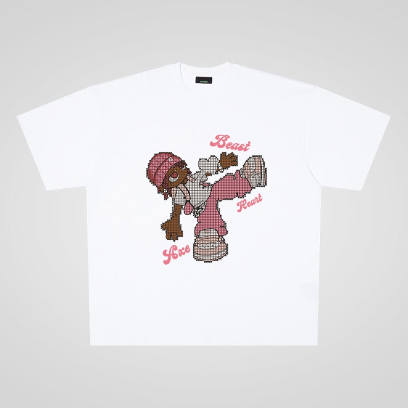 250g heavy pure cotton pixel girl Street casual oversize large board short sleeve T-shirt men and women couple Fashion - Image 2