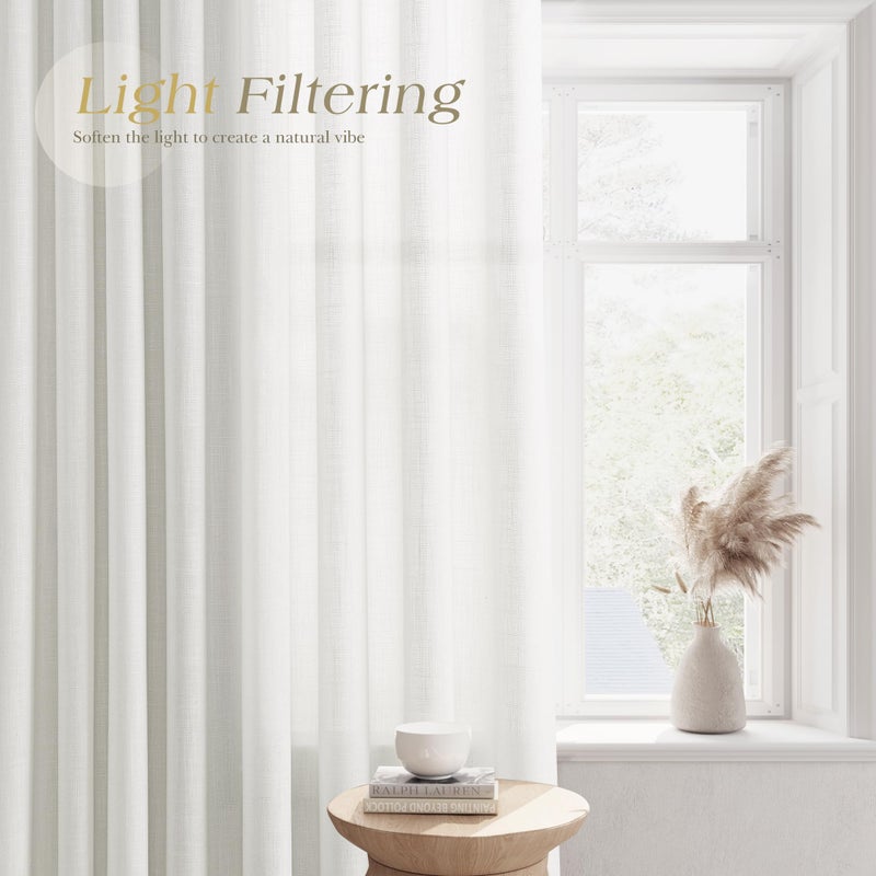 Nanspring Off White Linen Sheer Curtains 96 inch Length for Living Room 2 Panels Set Soft Thick Textured Grommet Semi Sheer Light Filtering Window Curtain Drapes Burlap Look Rustic Farmhouse - Image 2