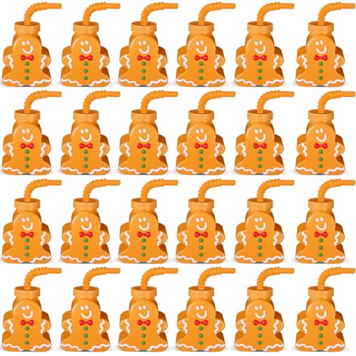 Sliner 24 Pcs Gingerbread Man Cups With Straws and Lids  10 oz Christmas Reusable Plastic Cups Set for Holiday Winter Xmas Gifts Birthday Party Supplies - Image 1