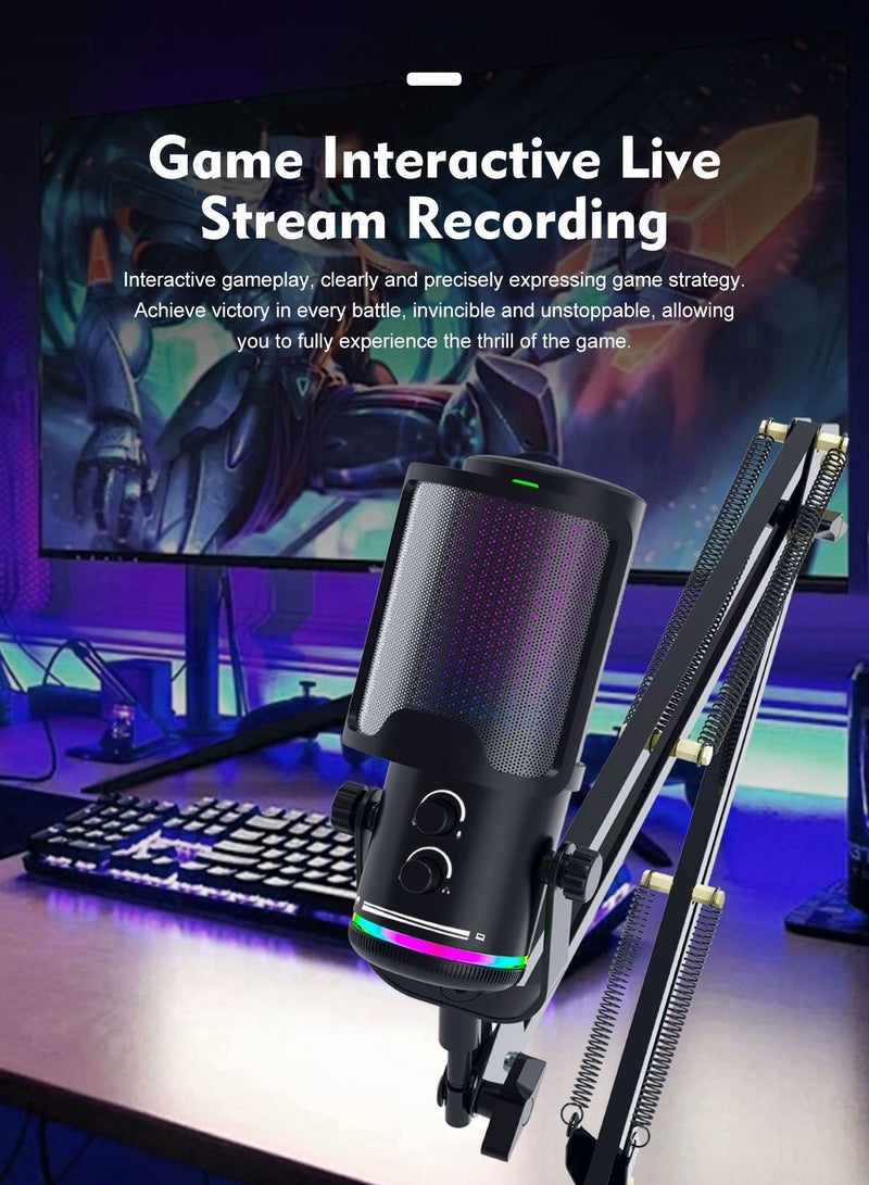 FlashHawk USB Gaming Microphone for PC, RGB Dynamic Mic with Boom Arm Stand, Noise Cancelling Mic for Streaming, Podcasting, YouTube, Discord, Tap-to-Mute, Gain Control, Real-Time Monitoring - Image 4