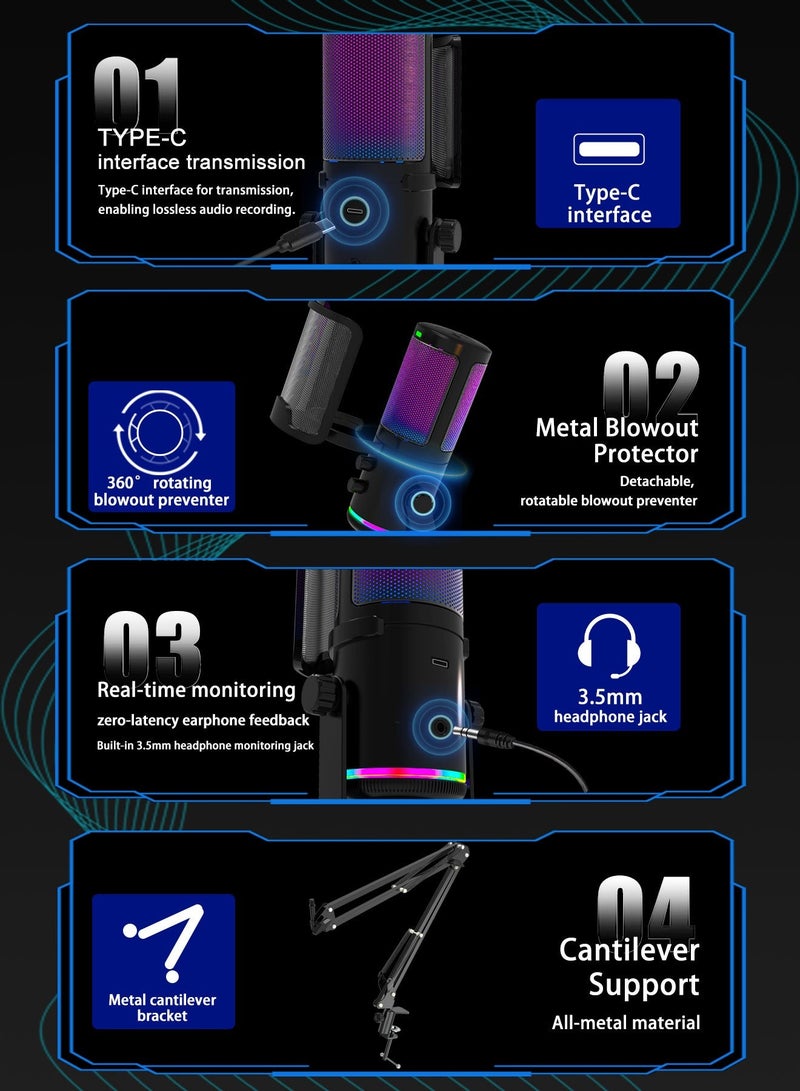 FlashHawk USB Gaming Microphone for PC, RGB Dynamic Mic with Boom Arm Stand, Noise Cancelling Mic for Streaming, Podcasting, YouTube, Discord, Tap-to-Mute, Gain Control, Real-Time Monitoring - Image 3