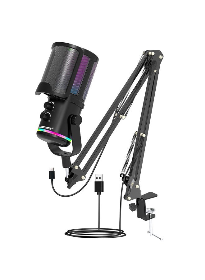 FlashHawk USB Gaming Microphone for PC, RGB Dynamic Mic with Boom Arm Stand, Noise Cancelling Mic for Streaming, Podcasting, YouTube, Discord, Tap-to-Mute, Gain Control, Real-Time Monitoring - Image 1