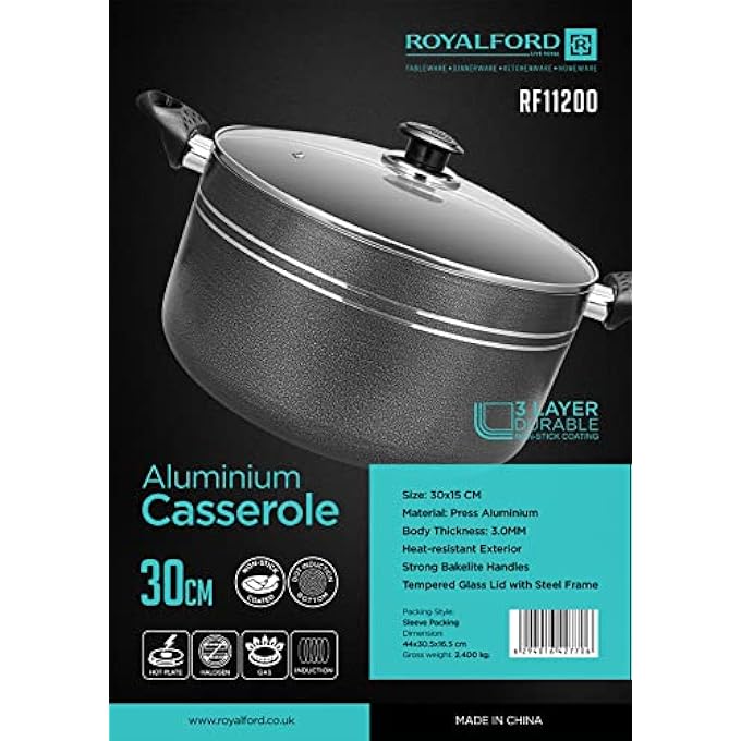 rayihni 30 Cm Aluminium Casserole Rf11200 NonStick Cookware Dot Induction Base Compatible With All Cooktops Strong Bakelite Handles And Knob Tempered Glass Lid Black - Image 5