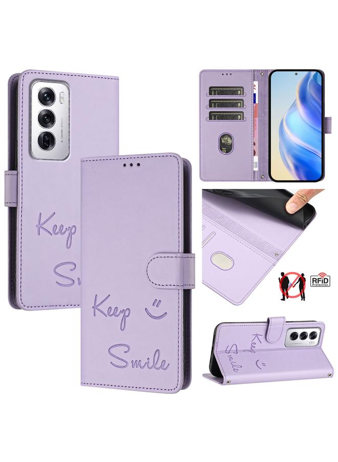 اس-توب جراب هاتف OPPO Reno12 من الجلد بنقش ابتسامة عالمية بتقنية RFID - Image 1