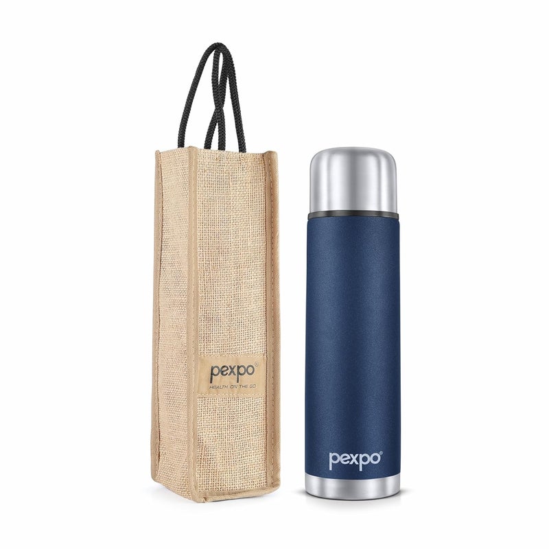 Pexpo FlamingoISI CertifiedVacuum Insulated Hot Cold Stainless Steel Flask Jute Bag 500ml Denim Blue Steel BottleThermoflaskLeak ProofTravellingSchool TrekkingOfficeMen Women Kids