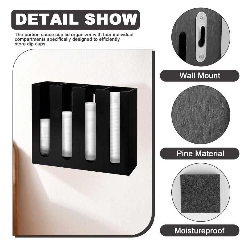 DLUGOPIS Wall Mount Portion Sauce Cup Lid Organizer Wood Sauce Cup Dispenser 4 Compartments Portion Cup and Lid Holder with Sponge Pad Cup Dispenser fits Cups Size 2 to 5.5 oz for Kitchen Counter Restaurant - Image 3