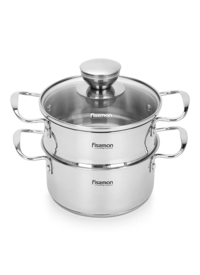 Fissman Cooking Pot 1.1L w/Steamer, Stainless Steel Stockpot with Glass Lid 14x7.0cm Mini Cook Series | 18/10 INOX304 Steel Mirror-Polished Kitchen Cookware | Induction Compatible | Dishwasher Safe  - Image 1