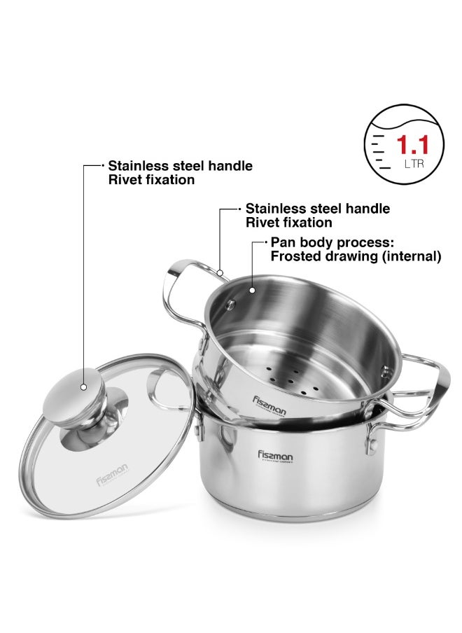 Fissman Cooking Pot 1.1L w/Steamer, Stainless Steel Stockpot with Glass Lid 14x7.0cm Mini Cook Series | 18/10 INOX304 Steel Mirror-Polished Kitchen Cookware | Induction Compatible | Dishwasher Safe  - Image 2