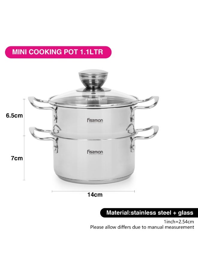 Fissman Cooking Pot 1.1L w/Steamer, Stainless Steel Stockpot with Glass Lid 14x7.0cm Mini Cook Series | 18/10 INOX304 Steel Mirror-Polished Kitchen Cookware | Induction Compatible | Dishwasher Safe  - Image 4