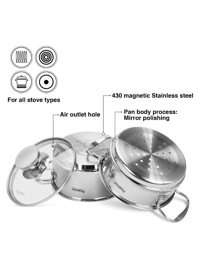 Fissman Cooking Pot 1.1L w/Steamer, Stainless Steel Stockpot with Glass Lid 14x7.0cm Mini Cook Series | 18/10 INOX304 Steel Mirror-Polished Kitchen Cookware | Induction Compatible | Dishwasher Safe  - Image 3