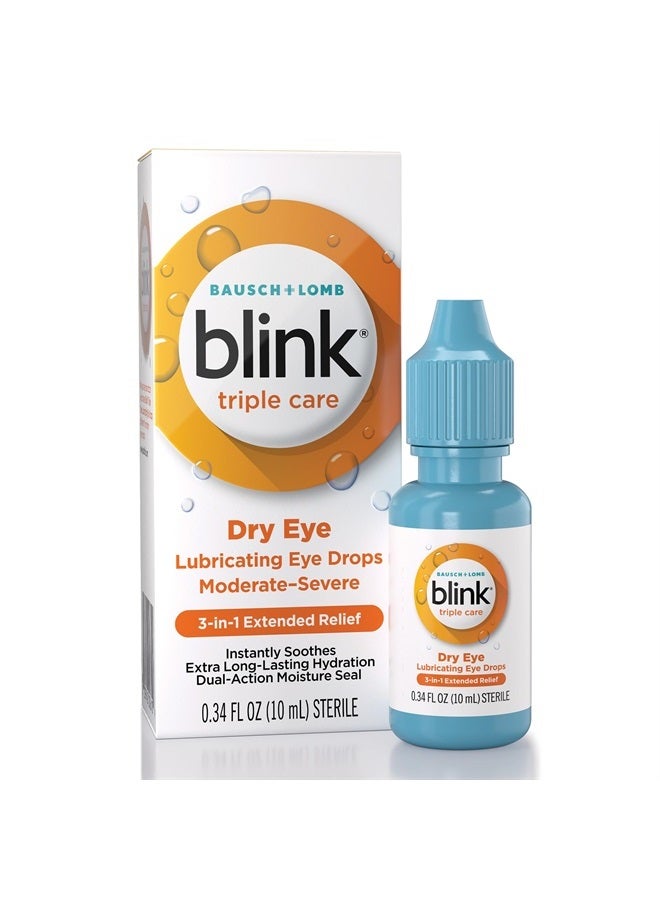 Blink Eye Drops for Dry Eyes, Triple Care Lubricant Eye Drops, Instantly Soothing, Moisturizing & Extra Long-Lasting Hydrating Eye Care for Moderate to Severe Dry Eye Symptom Relief, 0.34 fl oz - Image 1