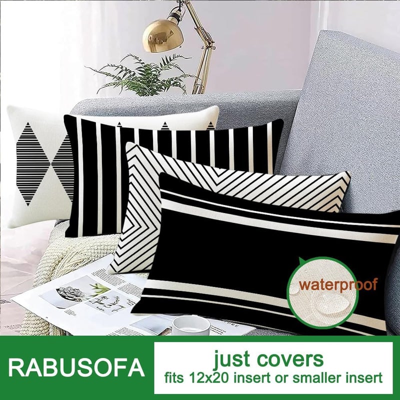 RABUSOFA أغطية وسائد خارجية من رابوسوفا مقاس 12×20 بوصة مقاومة للماء، طقم من 4 قطع من وسائد بوهو القطنية باللون الأسود والبيج لأثاث الفناء، أريكة صنبريلا (2W-12) (أسود وأبيض، 20×12 بوصة، طقم من 4) - Image 3