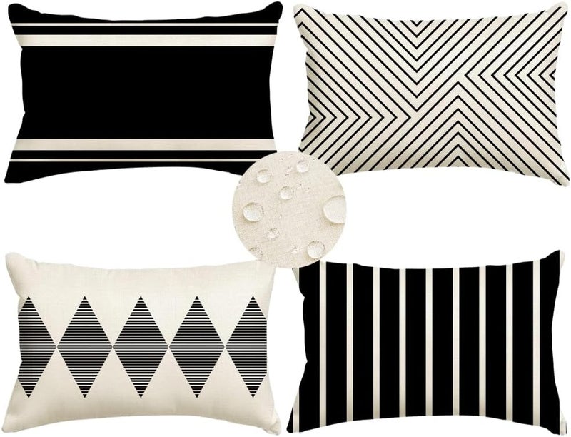 RABUSOFA أغطية وسائد خارجية من رابوسوفا مقاس 12×20 بوصة مقاومة للماء، طقم من 4 قطع من وسائد بوهو القطنية باللون الأسود والبيج لأثاث الفناء، أريكة صنبريلا (2W-12) (أسود وأبيض، 20×12 بوصة، طقم من 4) - Image 1