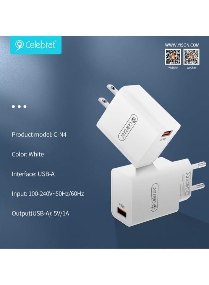 Celebrat Celebrat C-N4 EU Fast Safety Charger With USB To Lightning Charging Cable And Provide Short Circurit Protection Fits Various Smart Devices 5V - White  - Image 2
