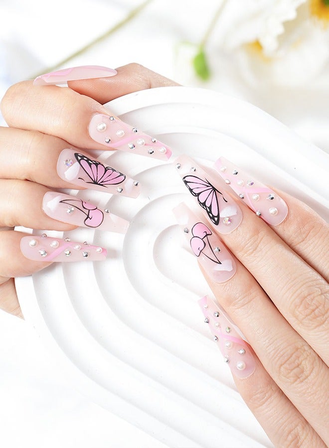 24 pieces of press-on nail art patches, comes with nail art tools, pink print butterfly, pearl with diamonds, trapezoidal medium-length nail art patches, fingertip slim, teenage heart, daily versatile dating models, convenient patches, easy to remove does not hurt the nail, health and safety! - Image 1