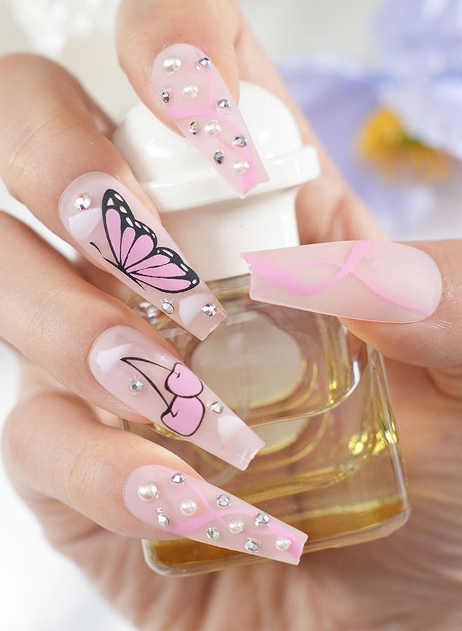 24 pieces of press-on nail art patches, comes with nail art tools, pink print butterfly, pearl with diamonds, trapezoidal medium-length nail art patches, fingertip slim, teenage heart, daily versatile dating models, convenient patches, easy to remove does not hurt the nail, health and safety! - Image 5
