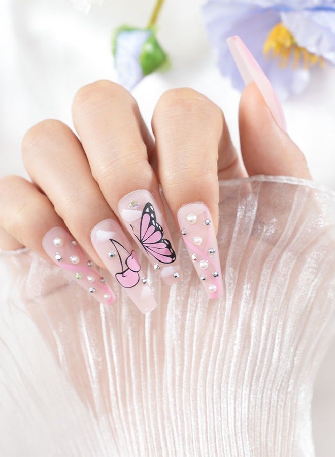 24 pieces of press-on nail art patches, comes with nail art tools, pink print butterfly, pearl with diamonds, trapezoidal medium-length nail art patches, fingertip slim, teenage heart, daily versatile dating models, convenient patches, easy to remove does not hurt the nail, health and safety! - Image 2