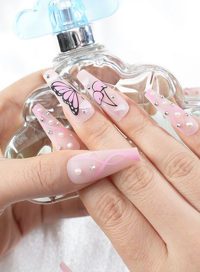 24 pieces of press-on nail art patches, comes with nail art tools, pink print butterfly, pearl with diamonds, trapezoidal medium-length nail art patches, fingertip slim, teenage heart, daily versatile dating models, convenient patches, easy to remove does not hurt the nail, health and safety! - Image 3