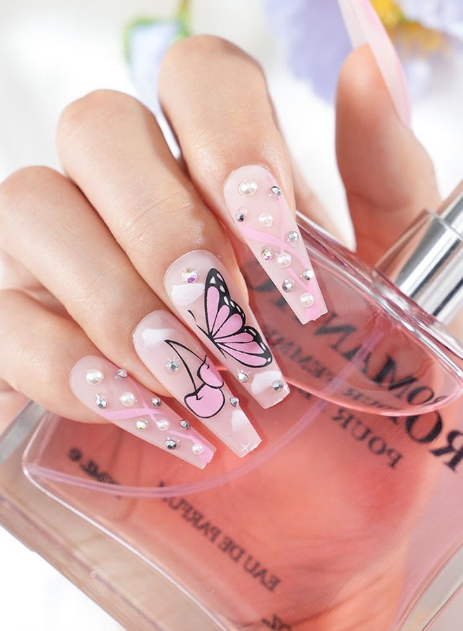 24 pieces of press-on nail art patches, comes with nail art tools, pink print butterfly, pearl with diamonds, trapezoidal medium-length nail art patches, fingertip slim, teenage heart, daily versatile dating models, convenient patches, easy to remove does not hurt the nail, health and safety! - Image 4